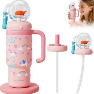??COMOBEBE??24oz Stainless Steel Whale Fountain Tumbler with Handle ?C Two Lids, Spill-Proof, Dishwasher Safe, Cute & Perfect for Kids, Teens, and Adults