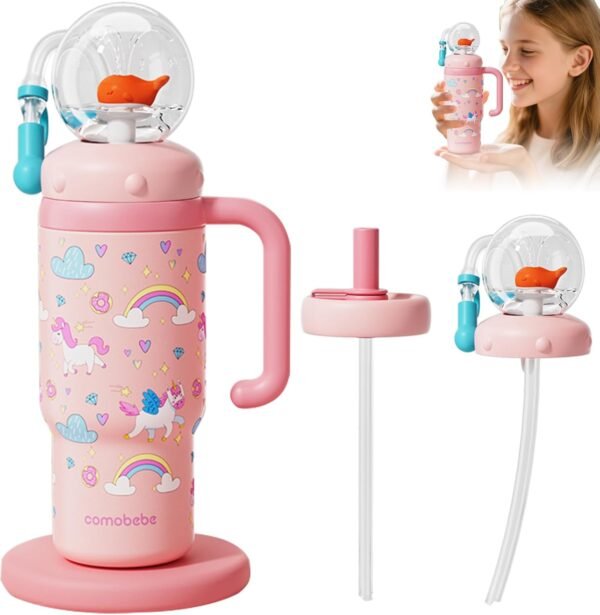??COMOBEBE??24oz Stainless Steel Whale Fountain Tumbler with Handle ?C Two Lids, Spill-Proof, Dishwasher Safe, Cute & Perfect for Kids, Teens, and Adults