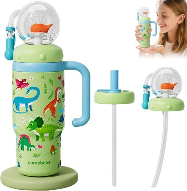 ??COMOBEBE??24oz Stainless Steel Whale Fountain Tumbler with Handle ?C Two Lids, Spill-Proof, Dishwasher Safe, Cute & Perfect for Kids, Teens, and Adults - Image 2