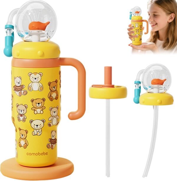 ??COMOBEBE??24oz Stainless Steel Whale Fountain Tumbler with Handle ?C Two Lids, Spill-Proof, Dishwasher Safe, Cute & Perfect for Kids, Teens, and Adults - Image 3