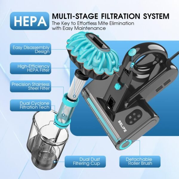 Belife M8 Mattress Vacuum Cleaner, Anti-allergen Dust Mite Bed Vacuum Cleaner with UV & Hot Air & High Heating, 550W 18Kpa Powerful Suction Double-Cup Handheld Vacuum for Bed, Couch, Sofa, Corded - Image 2